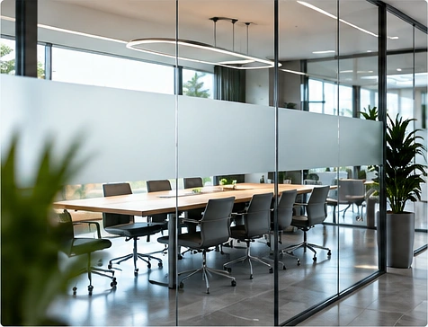 Vollflächiger Sichtschutz mit Glasdekorfolie in einem modernen Büro