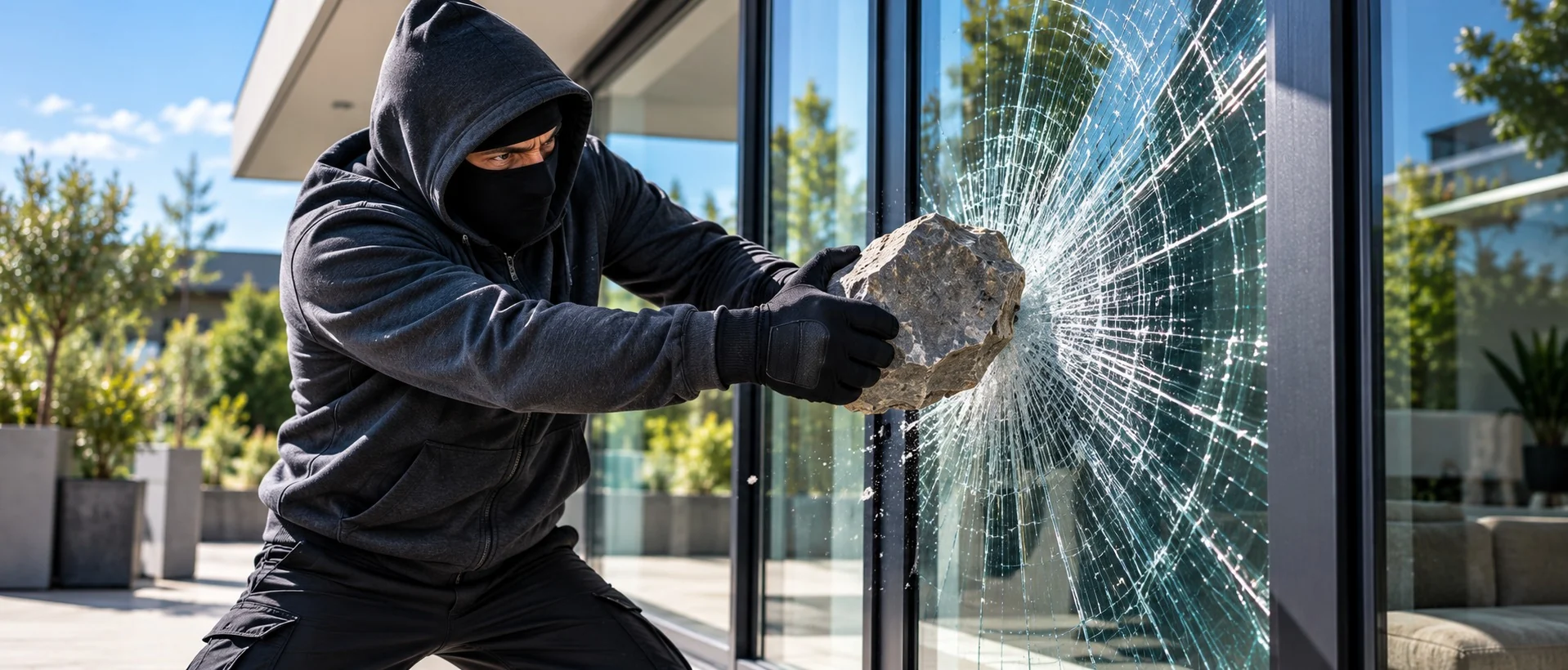 Einbruchschutzfolie schützt eine Glasfläche vor einem Steinwurf